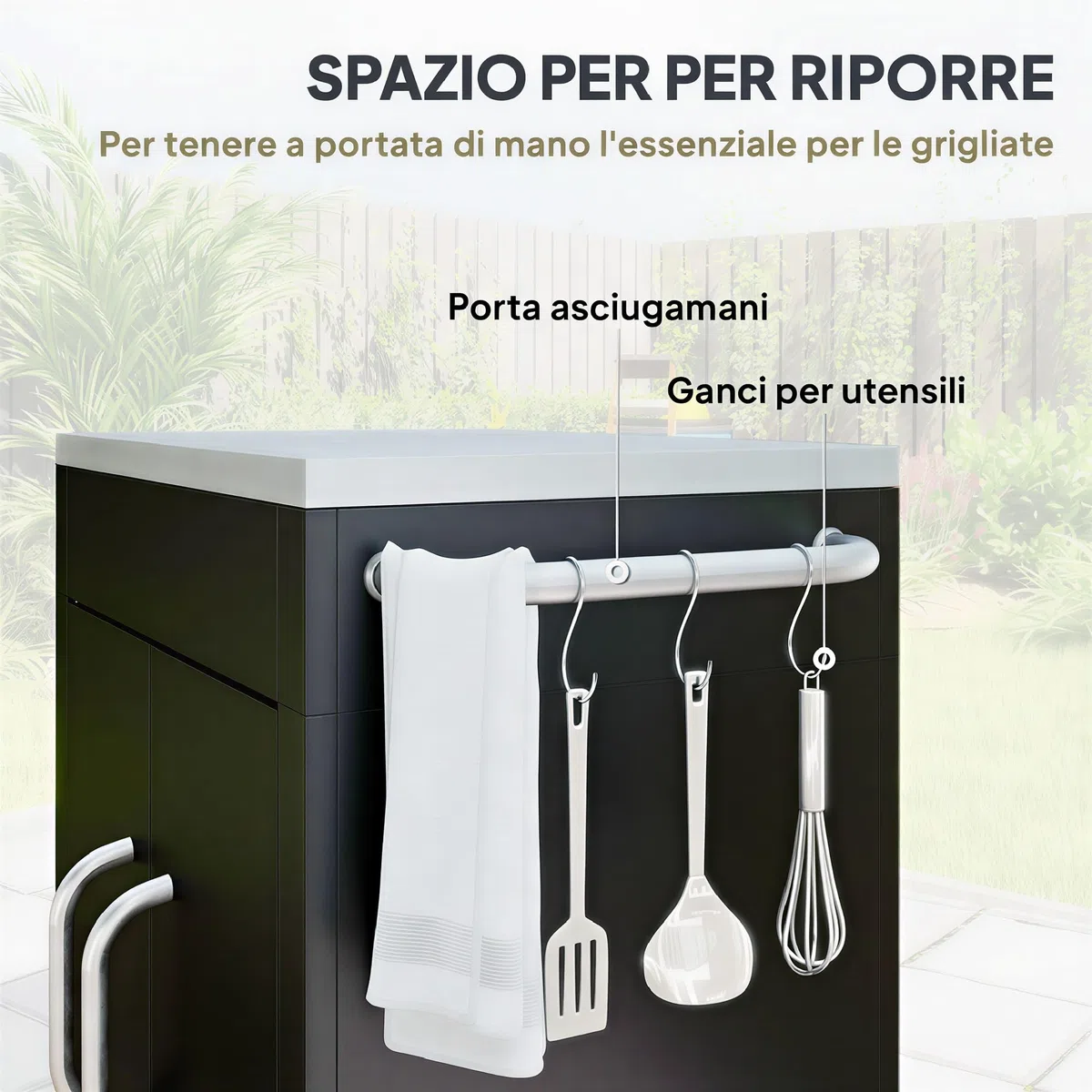 HOMCOM Carrello Barbecue con Piano in Acciaio Inox Tavolo da Cucina da Esterno con Ruote, Maniglia, 6 Ganci, Armadietto Contenitore 86x50x86.5 cm Nero