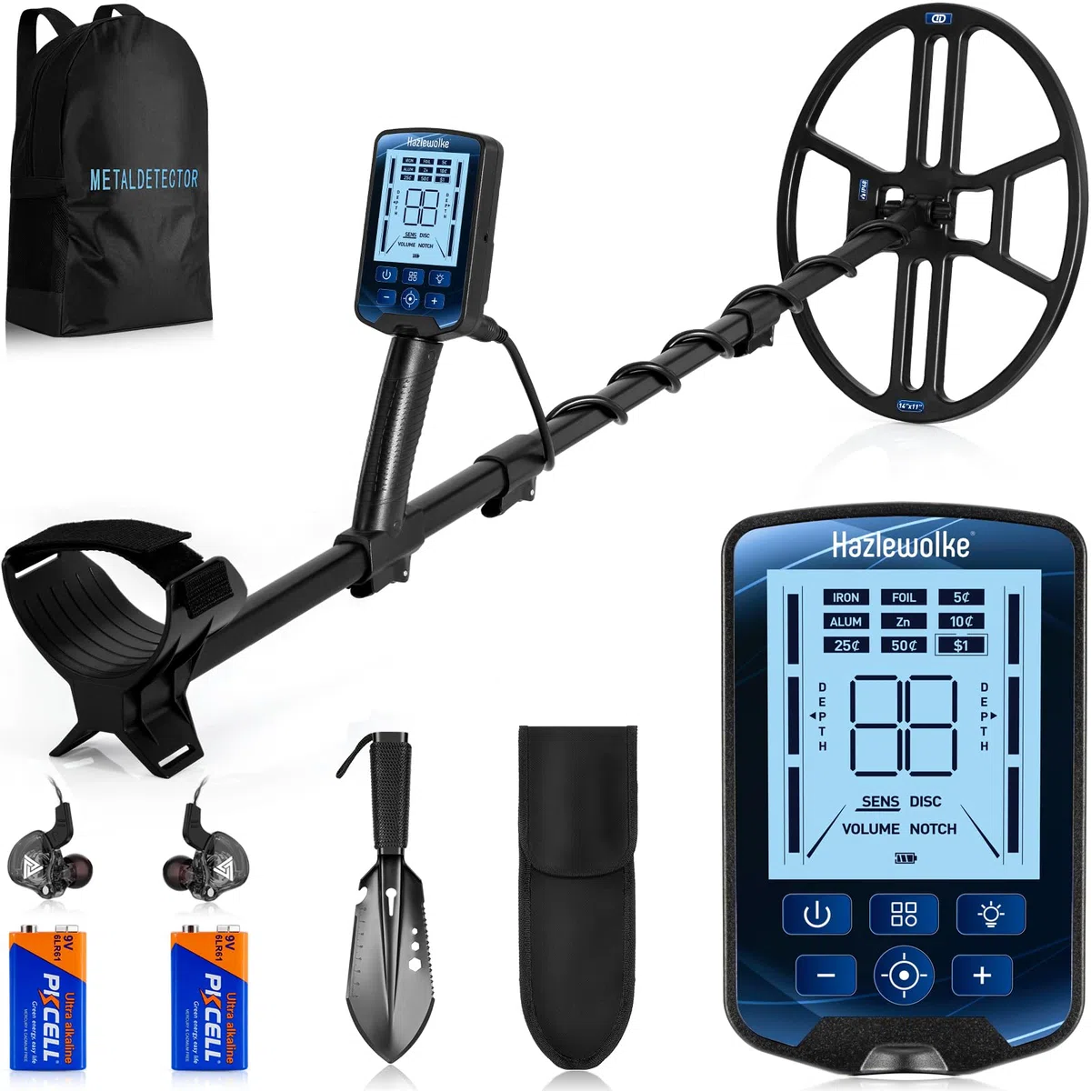 Hazlewolke Metal Detector Professionali, Bobina di Ricerca DD Impermeabile da 14'', Metal Detector ORO con Modalità Pinpoint, Profondità di Ricerca di 33 cm, 4 Modalità