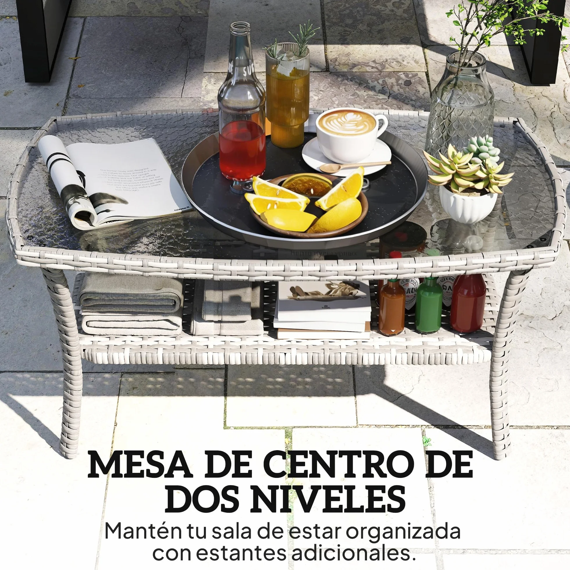 Outsunny Tavolo da giardino esterno in rattan con mensola, tavolino rettangolare da giardino, piano in vetro temperato con onde, struttura in acciaio, per terrazza, patio, 90 x 50 x 45 cm, grigio
