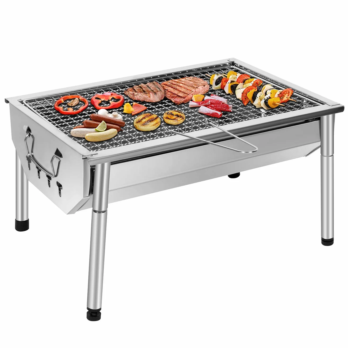 Barbecue a carbonella da esterno, in acciaio inox, regolabile e smontabile, portatile, con gambe di supporto, per giardino, pic-nic, campeggio
