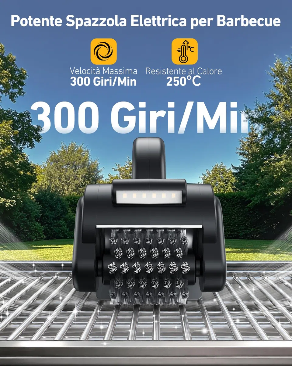Spazzola Elettrica per Barbecue, Pulisci Griglia BBQ Elettrico Ricaricabile con Testina in Acciaio Inossidabile, Luce LED, Autonomia 150 Min, Grill Brush Griglie per Alla Maggior Parte dei BBQ, Nero