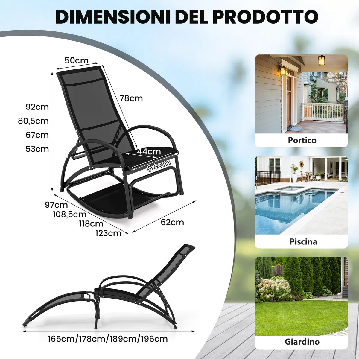 COSTWAY Sedia a Dondolo 2 in 1 da Giardino, Lettino Prendisole Convertibile con Schienale Regolabile a 4 Posizioni, Braccioli Curvi e Telaio in Alluminio, per Patio e Piscina, Portata 150 kg (Nero)