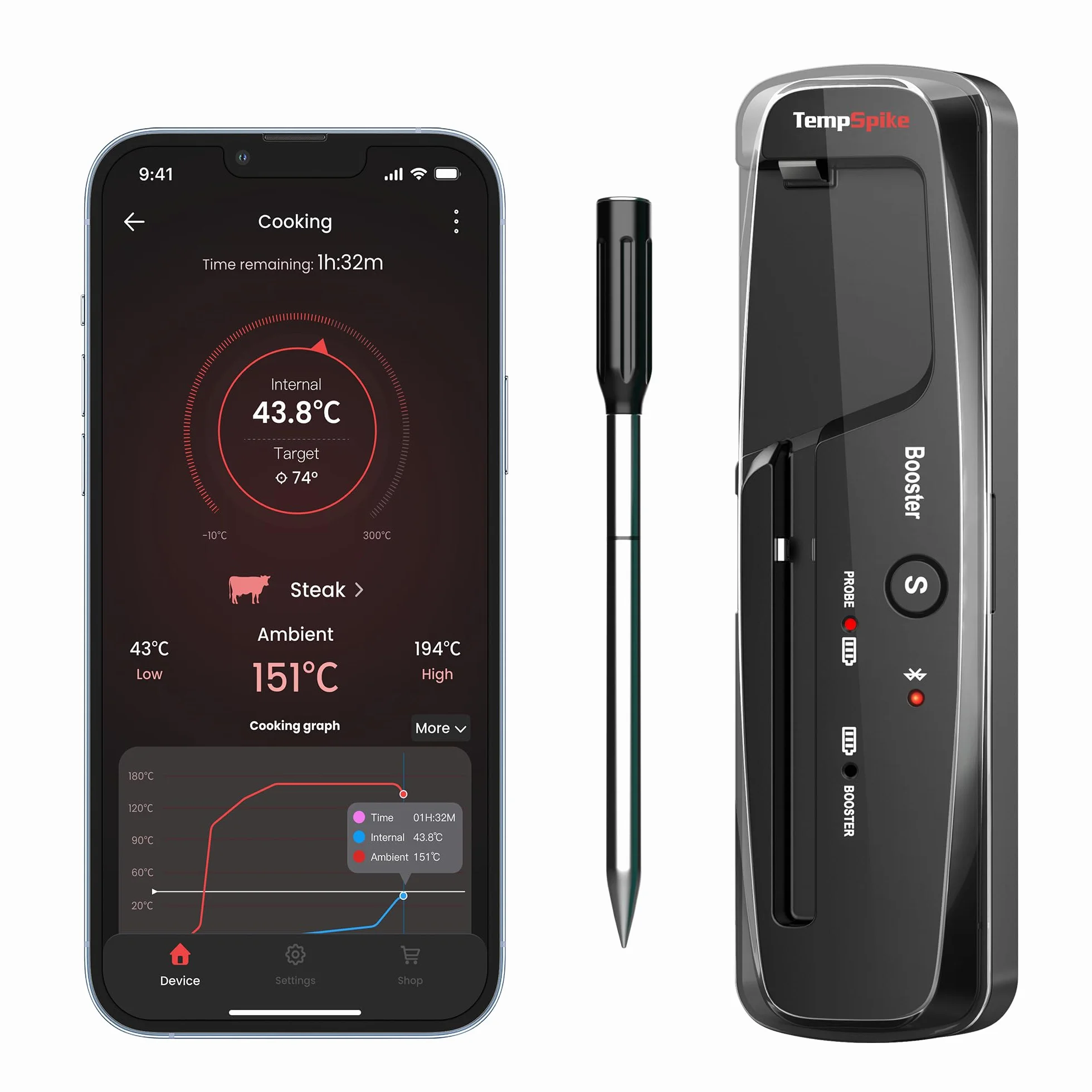 ThermoPro TempPro TP961 Termometro Barbecue Carne Wireless 150m Bluetooth da Cucina per Forno Grill Affumicatore Girarrosto Airfryer Sicuro in Lavastoviglie con Sonda Inossidabile IP67