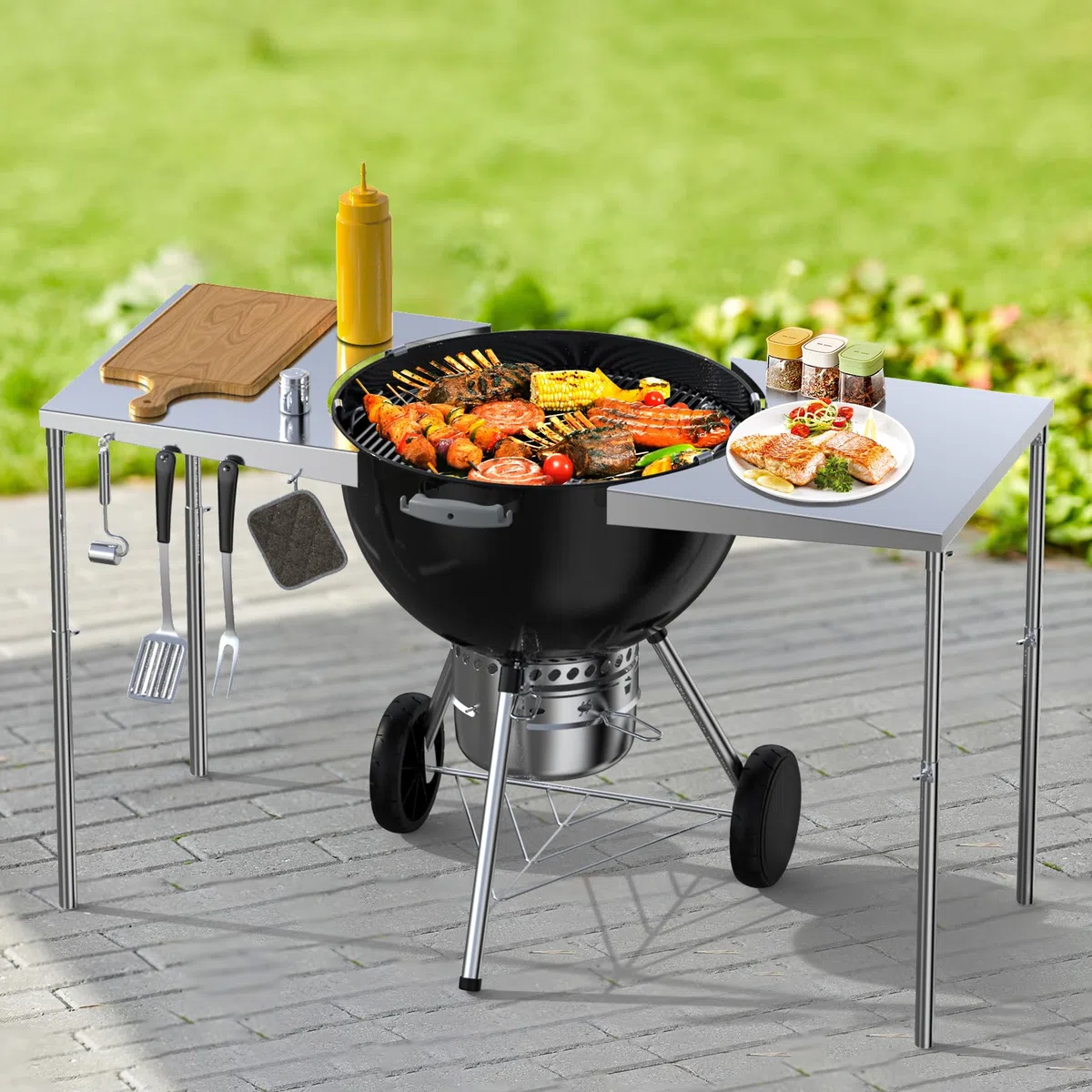 onlyfire Tavolino da Barbecue, Ripiano Laterale Accessori per Barbecue, Tabella di Lavoro dell'acciaio Inossidabile per Le Griglie del Carbone di Legna del Bollitore di Weber