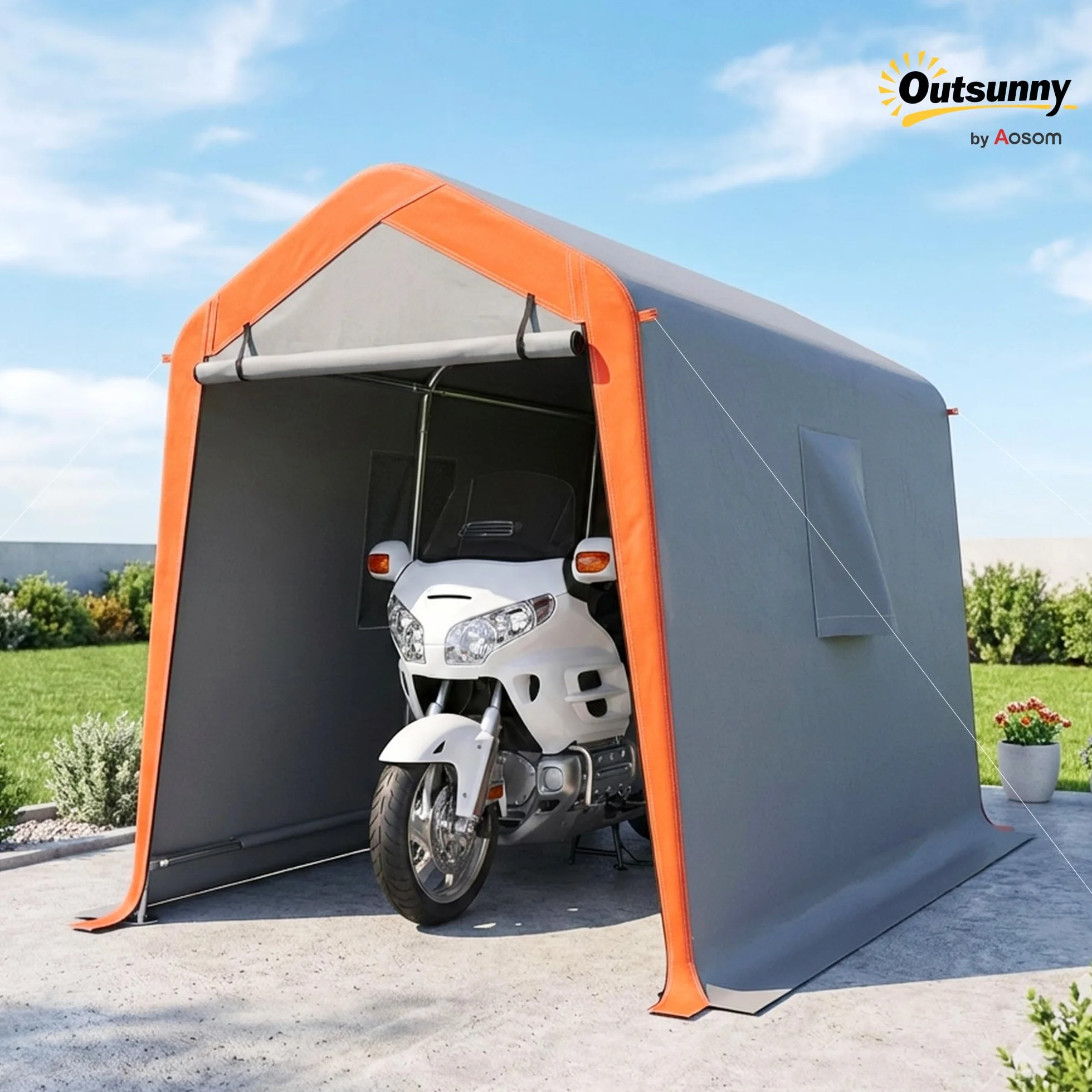 Outsunny Tenda da garage portatile da 2,4 x 1,8 m, impermeabile per auto, con porta arrotolabile con cerniera, finestre, struttura in metallo zincato, UPF30+, grigio chiaro