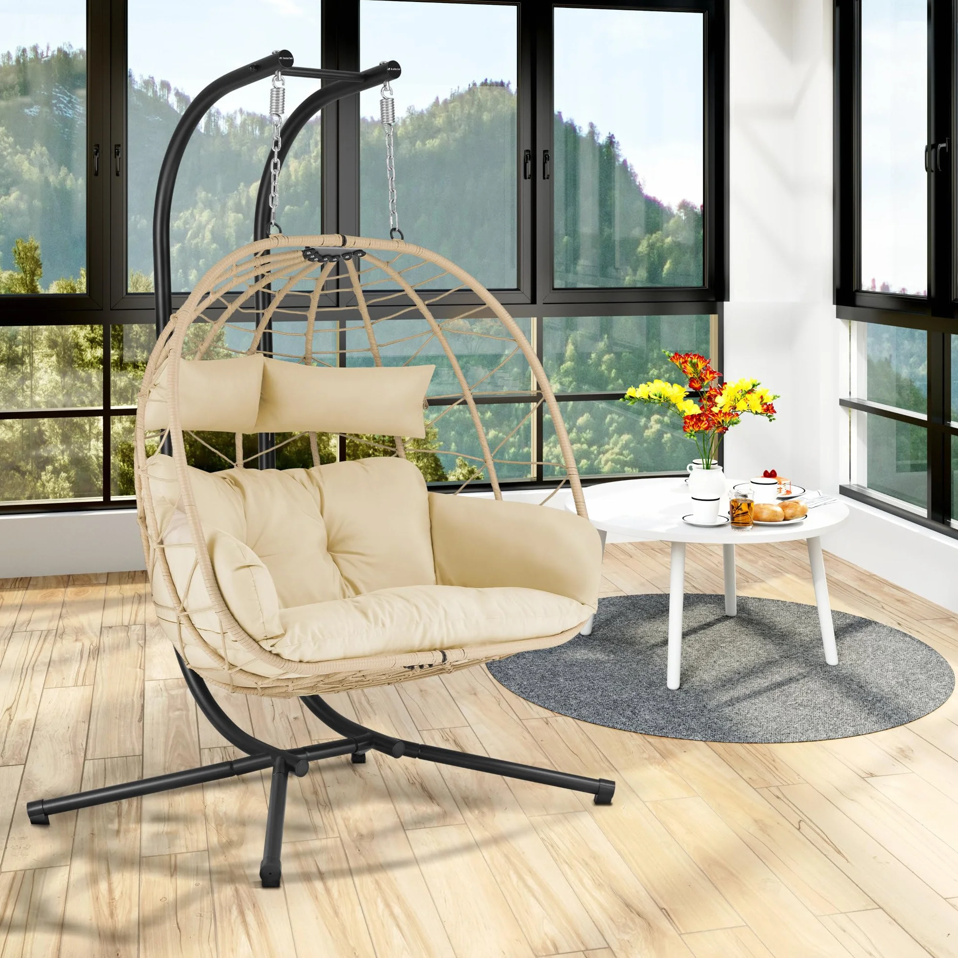 sedia sospesa per 2 persone con sostegno | Crema | Altalena XXL per interni ed esterni | Cuscino e cuscino inclusi | Sedia a due posti, sedia in vimini