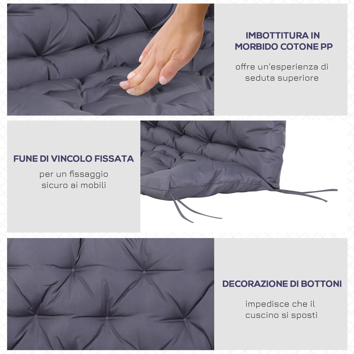 Outsunny Cuscino da Giardino 2 Posti per Sedute da Esterno con Schienale e 6 Lacci, Cuscino da Esterno Imbottito in Cotone e Poliestere, per Divani Dondoli Panche, 132x110x10 cm, Grigio Scuro