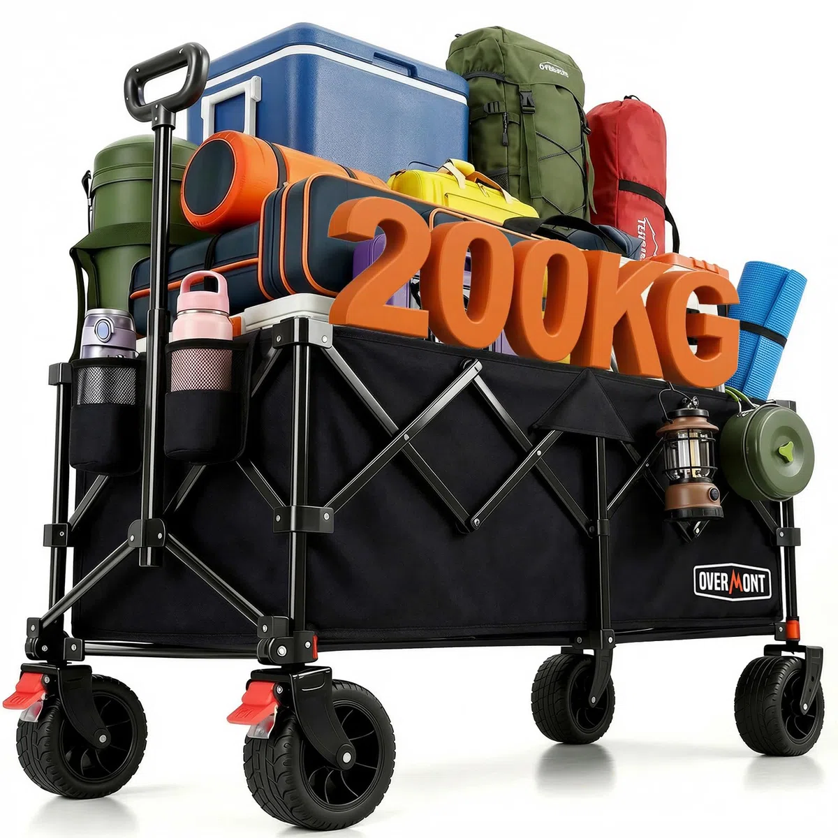 Overmont Carrello Pieghevole XXL 118 cm - 270 L Grande Capacità, Portata fino a 200 kg - Carrello Robusto con Ruote Tutto Terreno, Modello Allungato - per Spiaggia, Giardino e Shopping