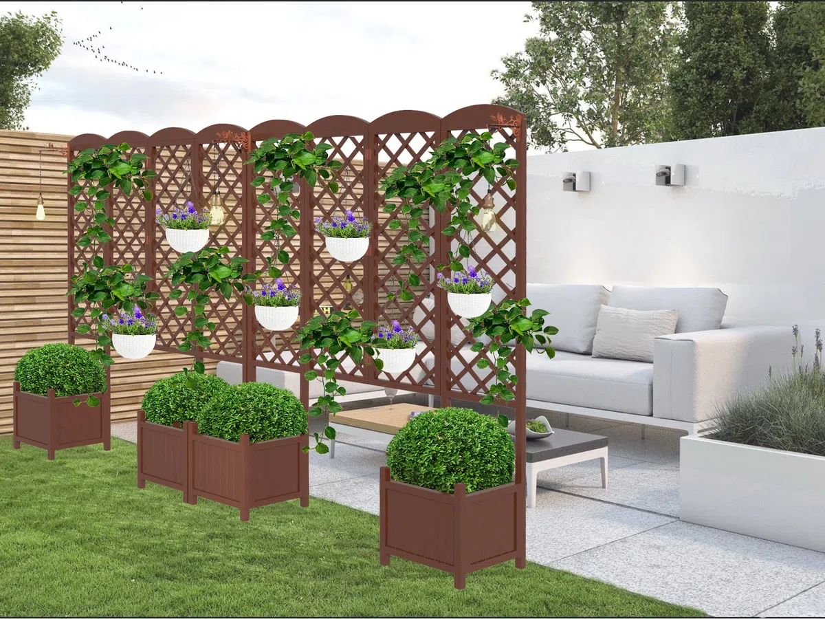 Vaso rialzato in abete impermeabile con traliccio per rampicanti 160x40,6x183 cm | Vaso da giardino schermo visivo con drenaggio | Modulare per piante rampicanti marrone scuro(Confezione da 2 pezzi)