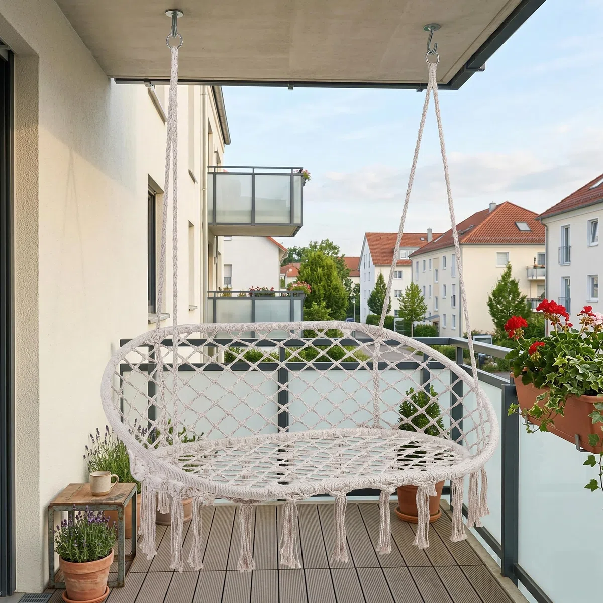 casa.pro Panca Sospesa per Esterni e Interni Altalena da Giardino per 2 Persone in Stile Boho 135x129x65 cm Intreccio in Corda Poltrona Dondolo Fino a 200 kg - Bianco Crema