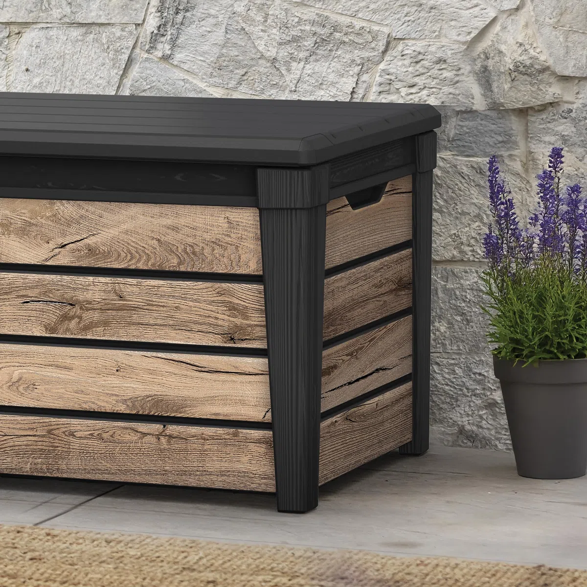 Koll Living Brightwood Scatola da giardino in legno di pino 454 litri coperchio con molle a gas portata 300 kg resistente alle intemperie impermeabile UV