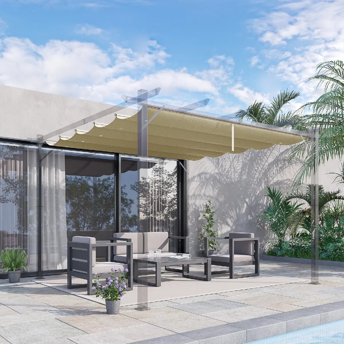 Copertura Gazebo 4x3 m Pergola in Poliestere Traspirante Beige con 10 Fori di Drenaggio