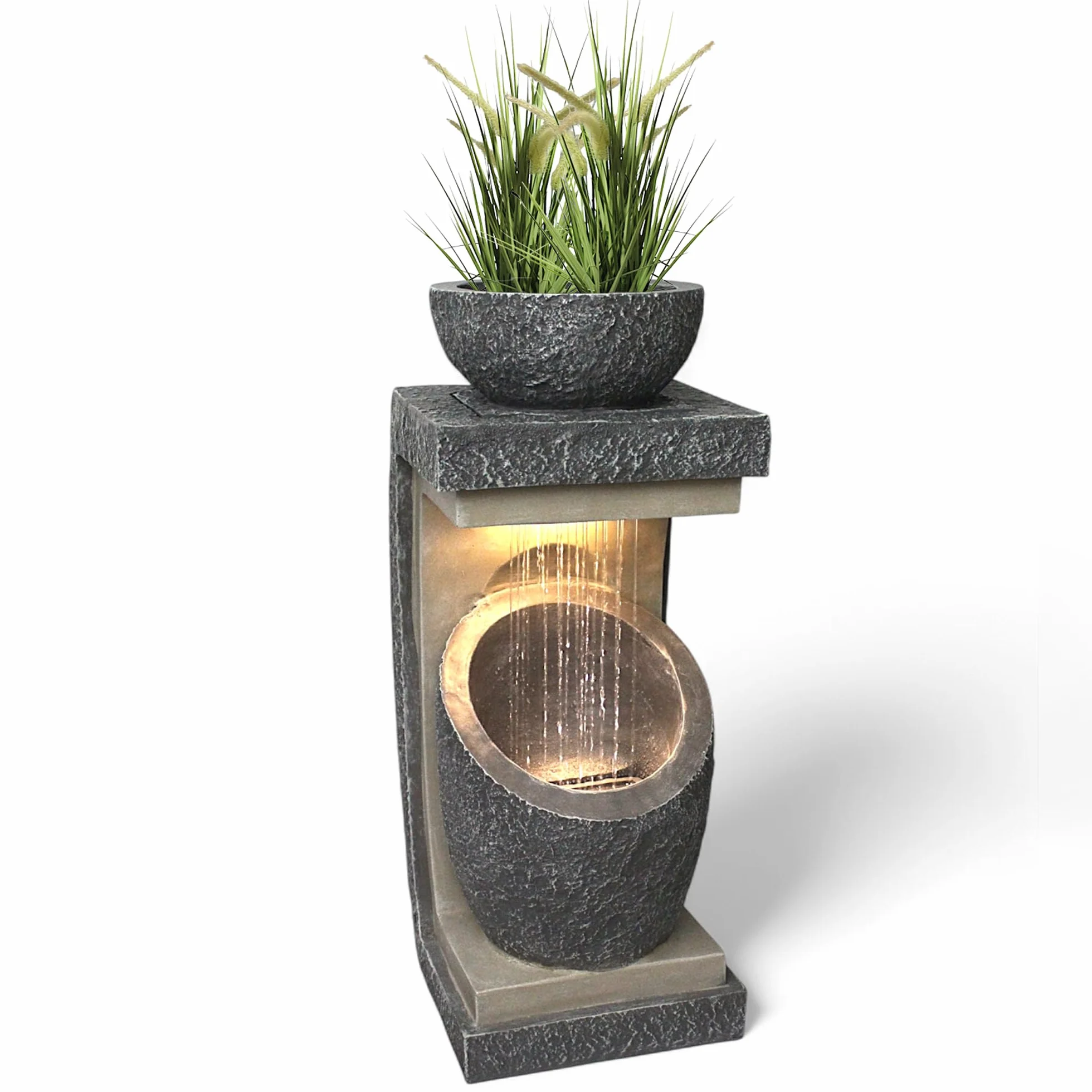 Fontana da giardino con illuminazione a LED Win 30, fontana moderna per piante, decorazione da giardino, effetto pietra, 81 cm