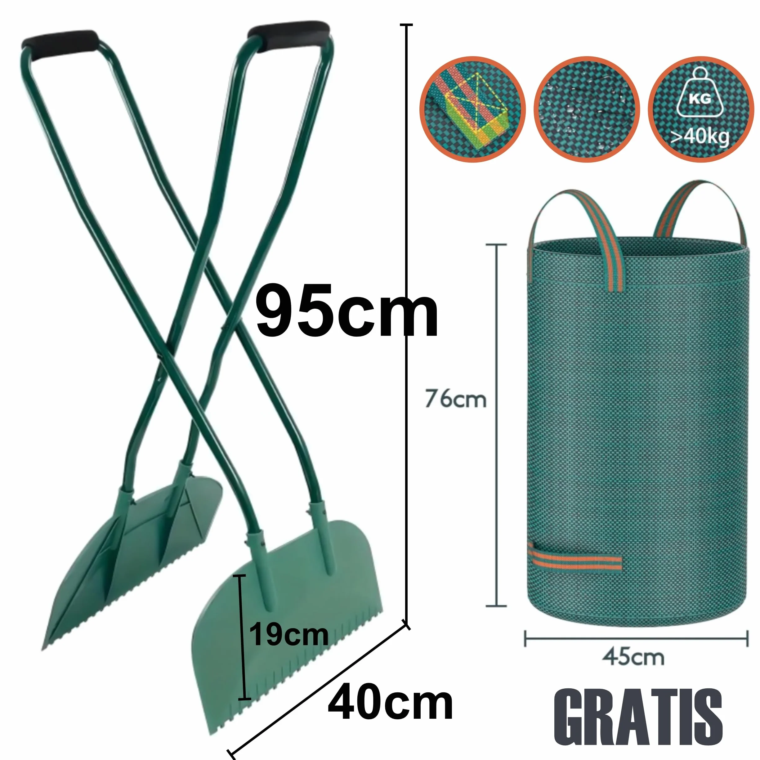 Pinza per Foglie con Manico, ergonomica 95 cm | Gratis con Sacco da Giardino da 272L | raccogli Foglie, Erba e rifiuti da Giardino