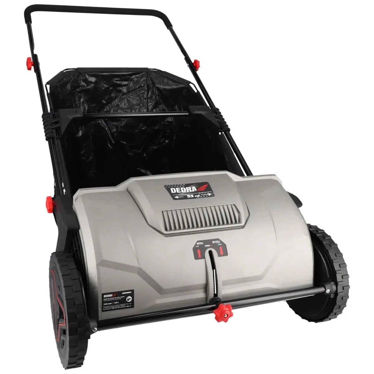 Spazzatrice manuale per prato, raccoglitore per foglie e prati DEDRA, larghezza di raccolta 530 mm, sacco da 100 l, ruote robuste da 250 mm, leggero e maneggevole 7 kg, manubrio regolabile
