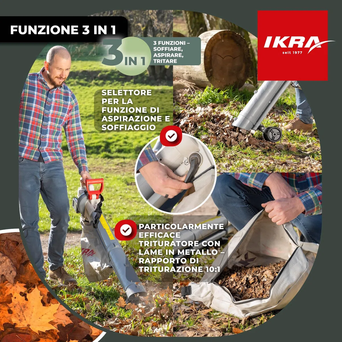 IKRA 3in1 aspiratore soffiatore a batteria IALS 2-20 con 2 batterie ricaricabili e doppio caricabatterie rapido