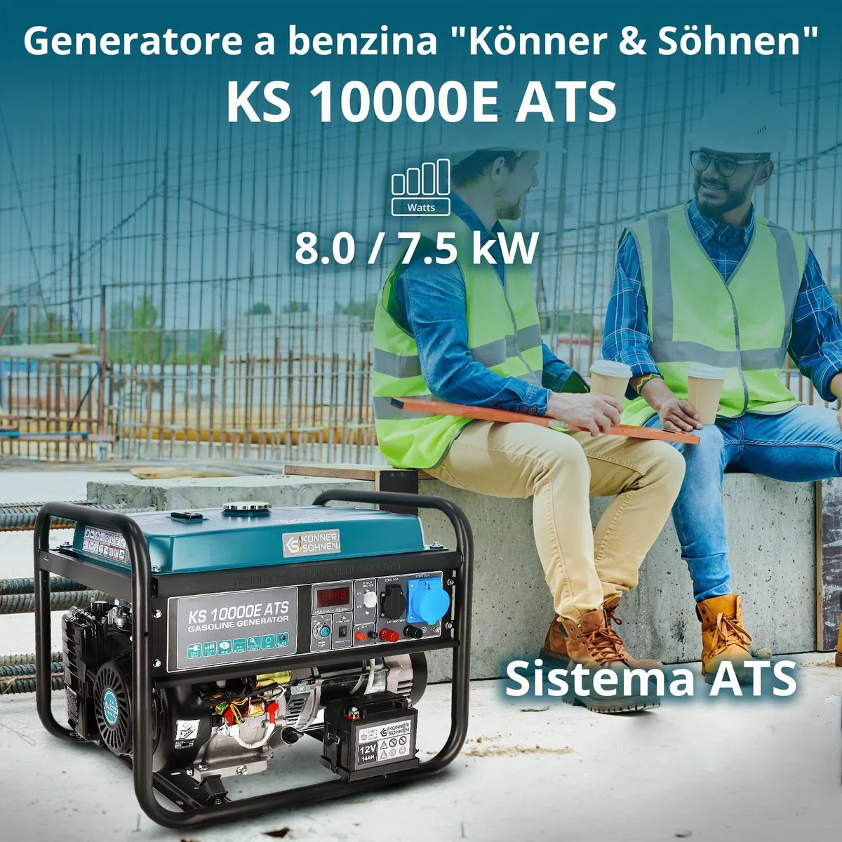 Generatore di corrente Könner & Söhnen KS 10000E ATS - generatore benzina Motore 4 tempi con avviamento elettrico, regolatore automatico di tensione 230V, alimentazione automatica di emergenza, 8KW