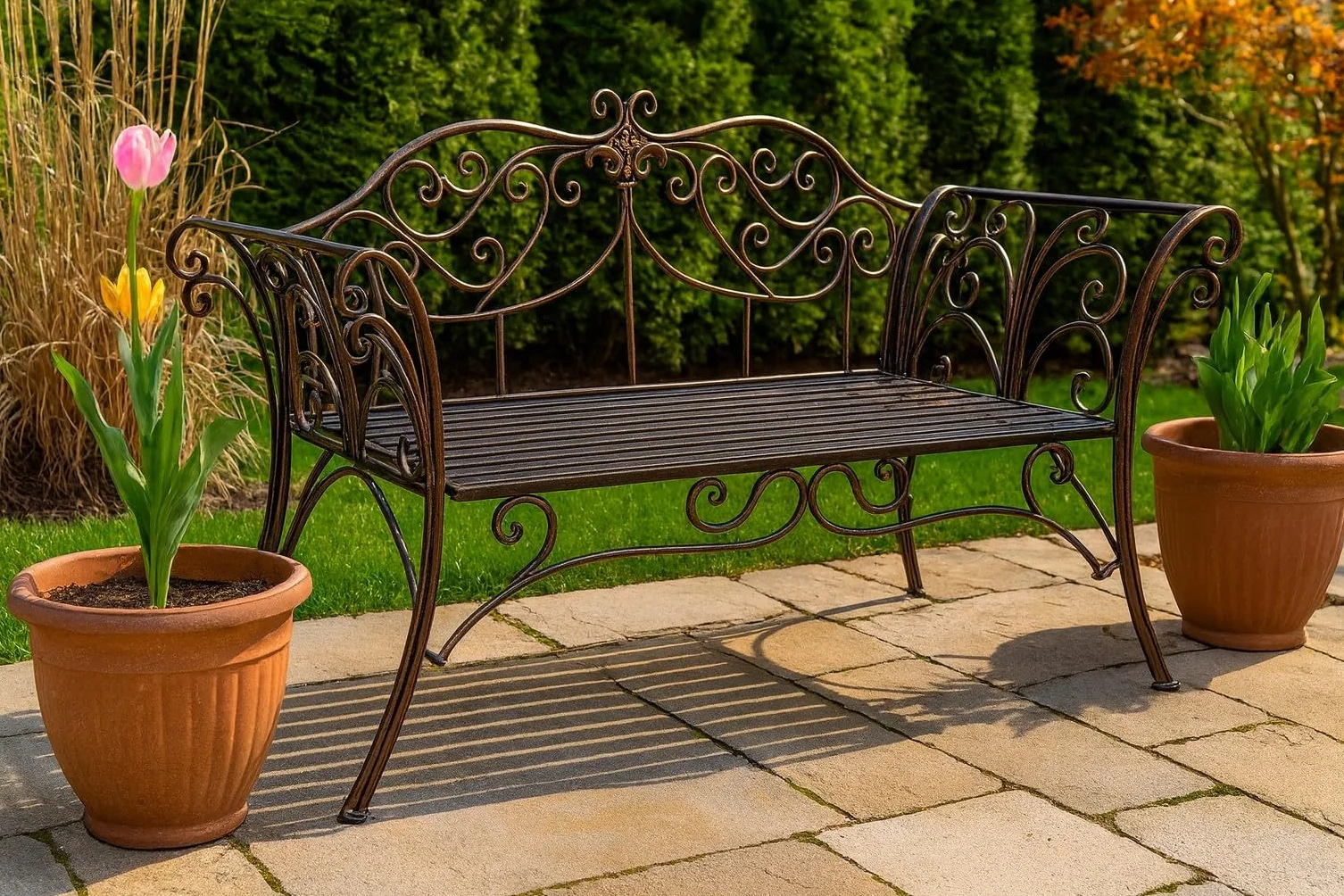 Biscottini Panca da Giardino - Panchina da Esterno - Divanetto in Ferro Bronzato - Panchina da Giardino 135x50x92 cm - Panche da Giardino in Metallo - Seda 2 Posti - Panchine Ghisa