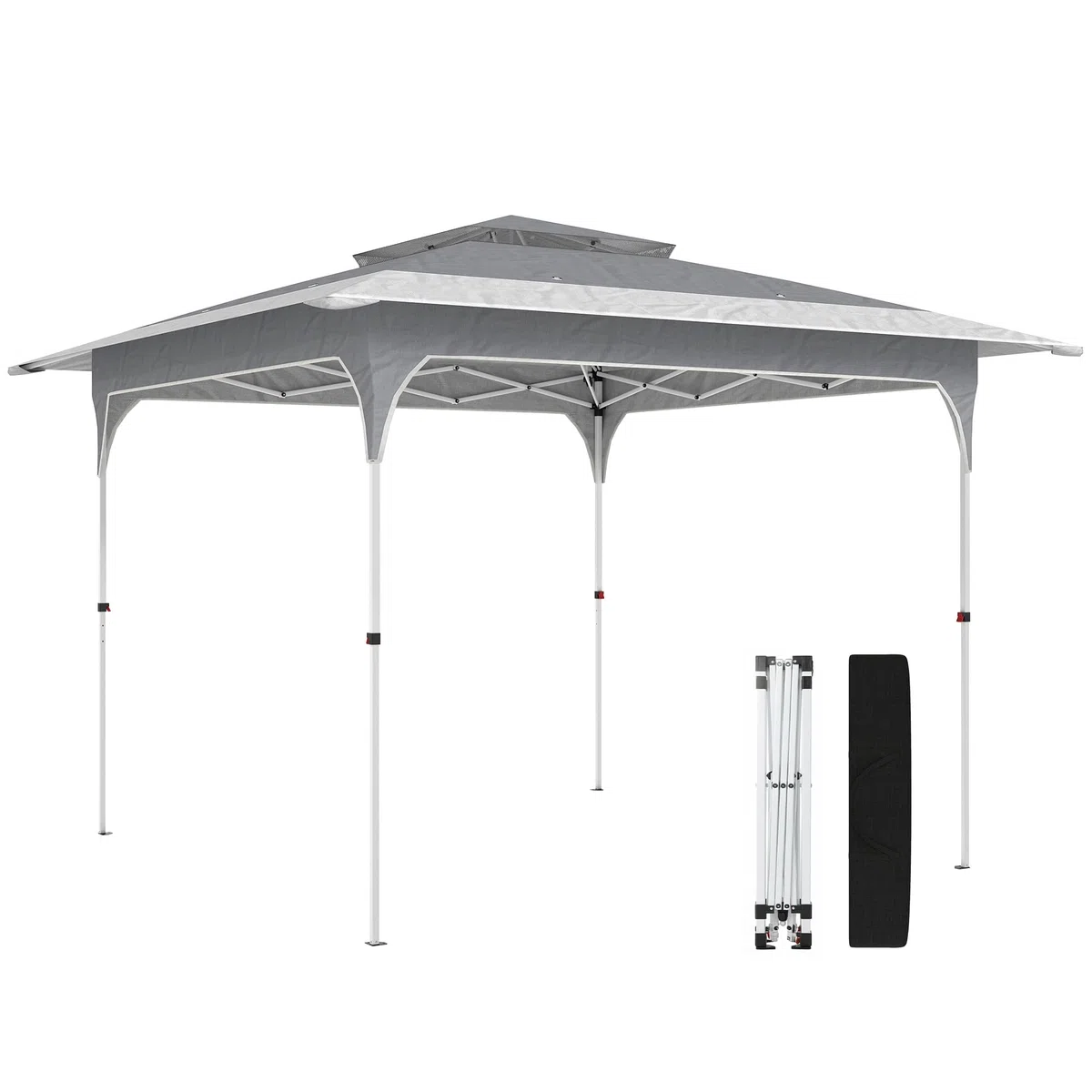 Outsunny Gazebo Pieghevole 3.5x3.5 m Pop Up Facile Montare con Pulsante Centrale, Gazebo da Giardino Altezza Regolabile con Tetto Doppio, Borsa da Trasporto, UV50+, per Esterno Feste, Grigio Scuro