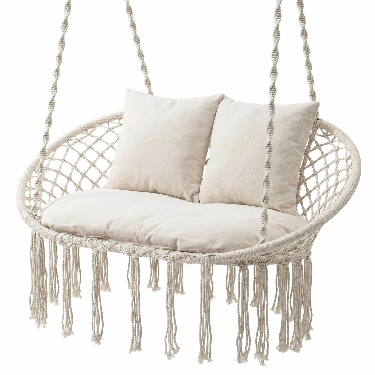 COSTWAY Sedia a Dondolo da Esterno ed Interno, Poltrona Sospesa Intrecciata a 2 Posti con Nappine in Stile Boho, 3 Morbidi Cuscini, Corde e Anelli, Portata 250 kg, per Balcone, Soggiorno e Giardino