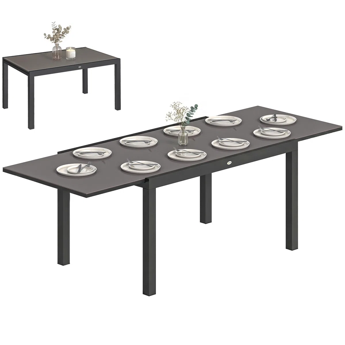 Outsunny Tavolo da Giardino Allungabile per 8-10 Persone 140/240x90 cm, Tavolo da Pranzo Estensibile Rettangolare con Piano in Vetro Temperato, Tavolo da Esterno per Patio Terrazzo Balcone, Nero