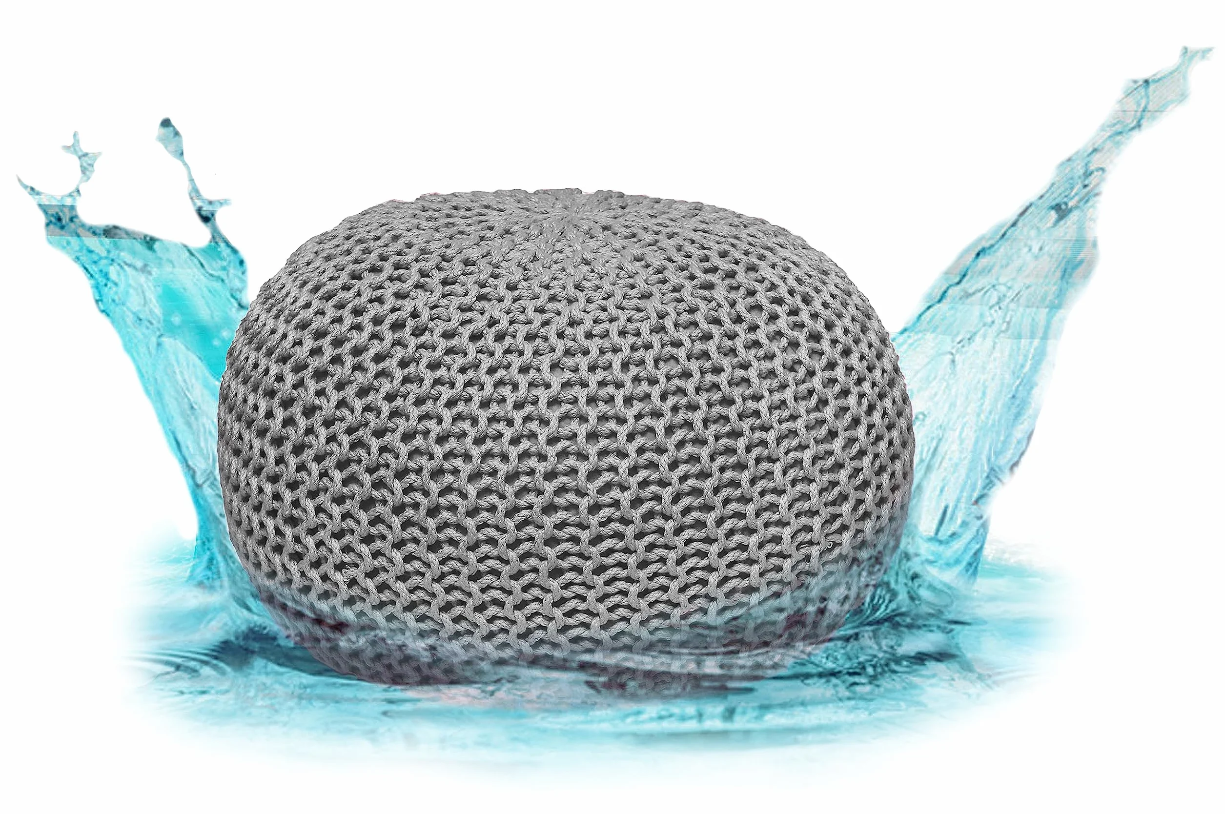 Pouf di alta qualità, impermeabile, Ø 55 cm o 45 cm, pouf per interni ed esterni, effetto maglia grossa, per giardino, terrazza, piscina, 100% plastica riciclata (grigio argento, Ø 55 cm)