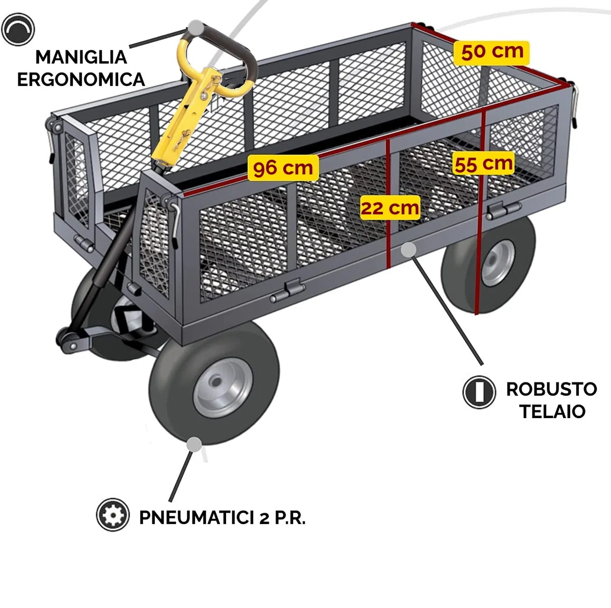 CARRELLO A MANO CON SPONDE LATERALI RIBALTABILI CARICO MAX 300 KG PORTA PACCHI PORTA TUTTO CARRETTO DA GIARDINO