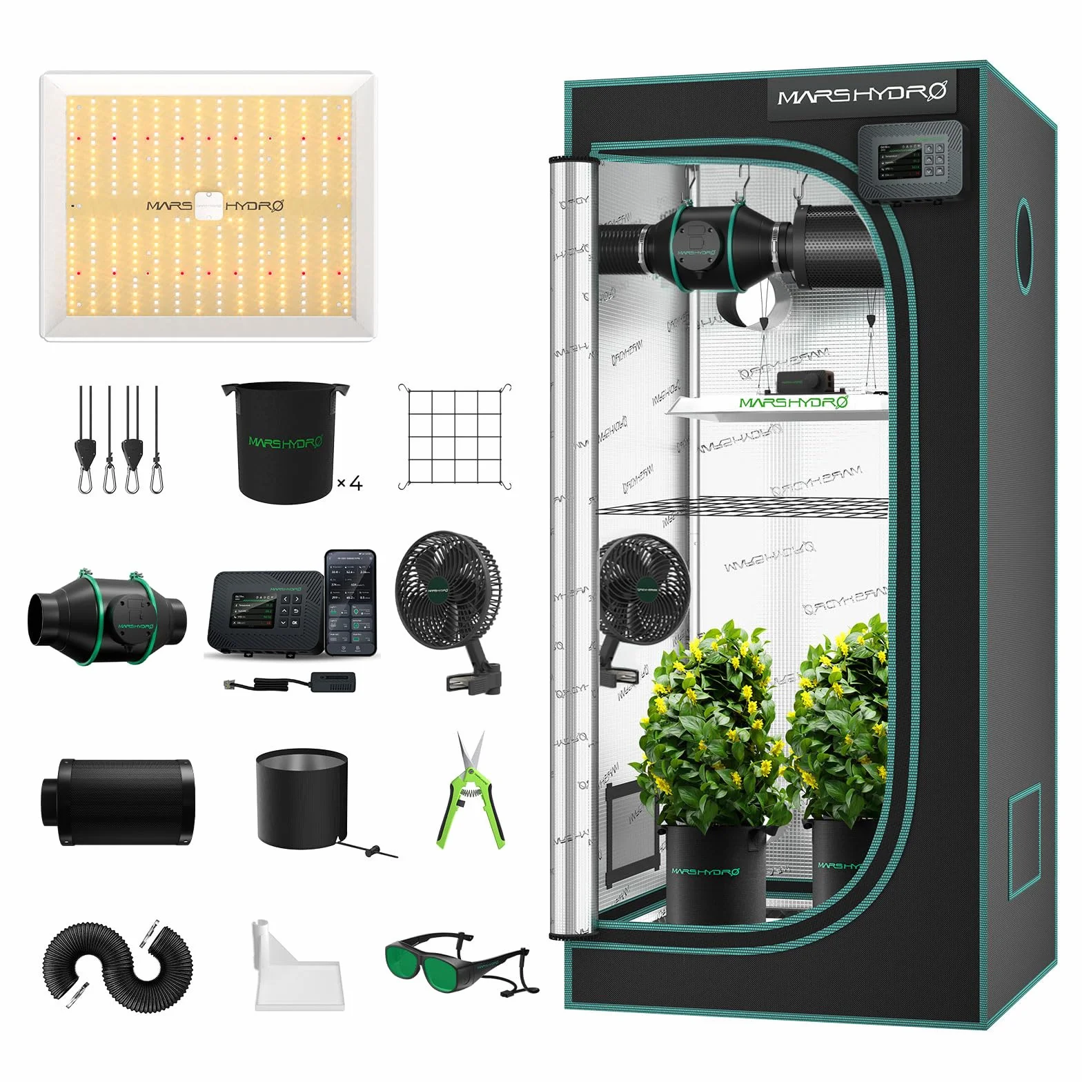 MARS HYDRO TS1000 Grow Box Kit Completo -TS1000 dimmerabile led Lampada da Coltivazione Set completo, 80 x 80 X160cm growbox con ventola in linea da 4 pollici con regolatore di temperatura e umidità