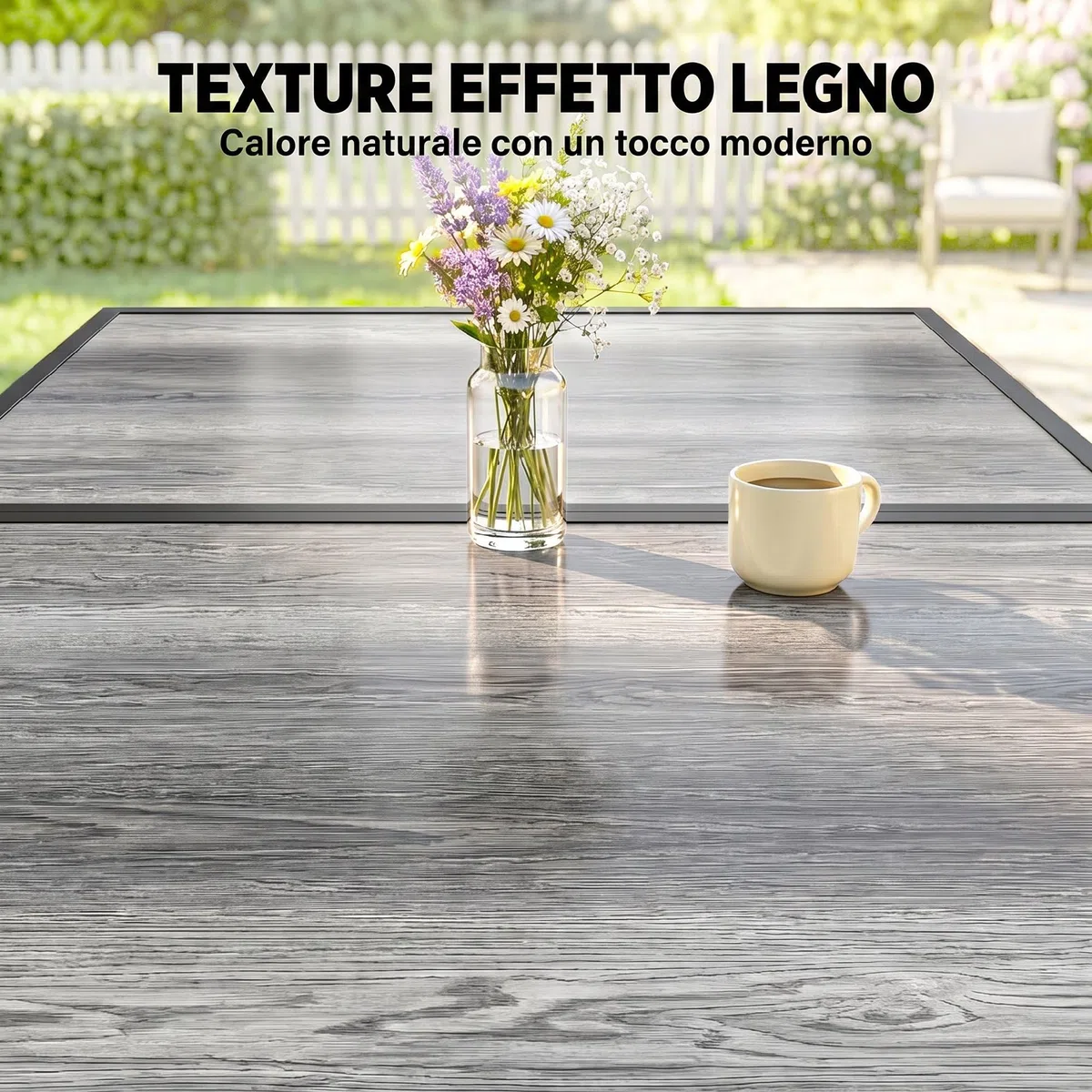 Outsunny Tavolo da Giardino con Piano Effetto Legno in Plastica 150x80 cm per 6 Persone, Tavola da Pranzo da Esterno Rettangolare, Gambe in Acciaio, per Patio, Terrazzo, Balcone, Grigio