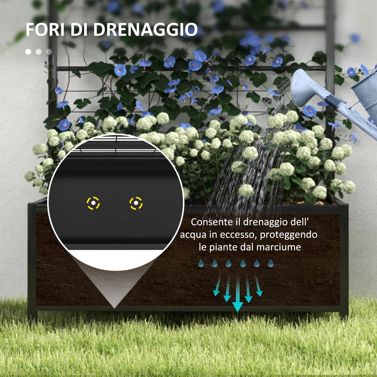 Outsunny Letto per Orto Rialzato da Esterno con Spalliera, Decorazione a Diamante, Fioriera con Traliccio per Piante Rampicanti in Acciaio con 2 Fori di Drenaggio, per Piante, Fiori, 90x40x120cm, Nero