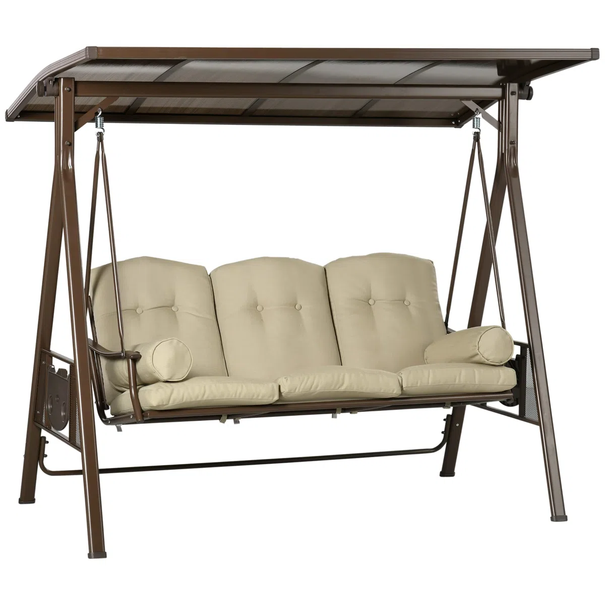 Outsunny Dondolo da Giardino 3 Posti in Acciaio e Poliestere con Tettuccio Inclinabile in PC e Cuscini per Schienale e Braccioli, 208x120x174 cm, Marrone e Kaki