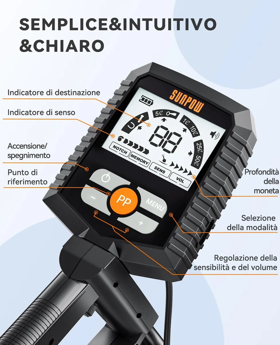 SUNPOW Metal Detector Professionale per Adulti e Bambini Metal Detector Kit Impermeabile per Oro con Display LCD Grande, 4 modalità, Bobina IP68 da 20 cm, Alta Precisione e Stabilità – MD13
