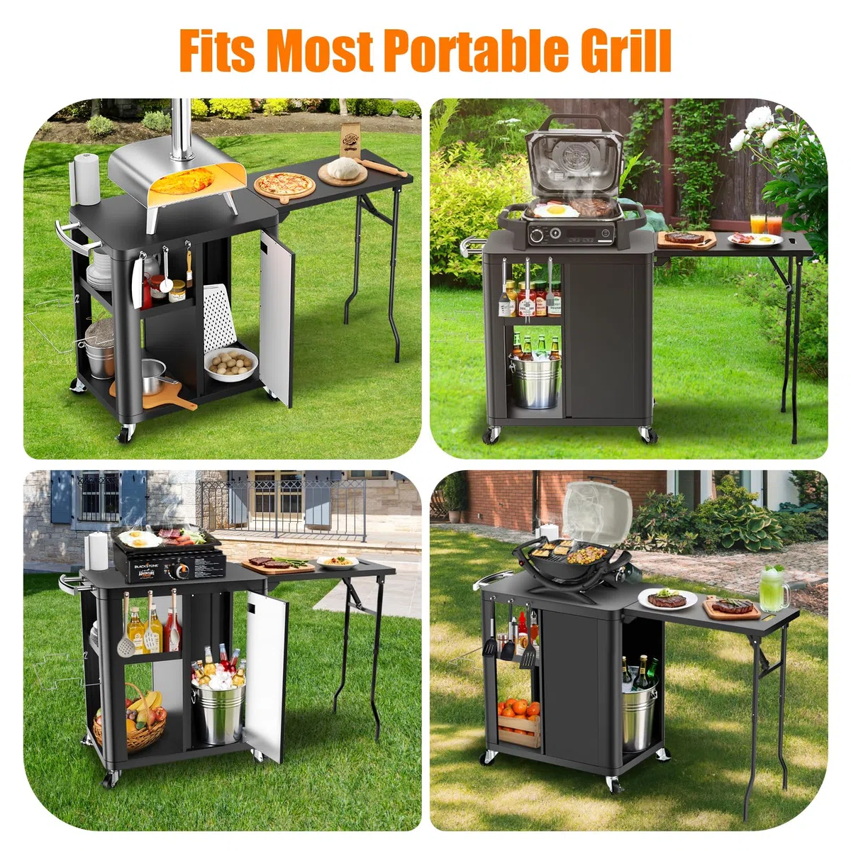 GFTIME Carrello per barbecue, tavolo con tavolino pieghevole, cucina all'aperto con gancio, scaffale e armadio, carrello da portata con ruote, cucina esterna, 143 x 37 x 89 cm