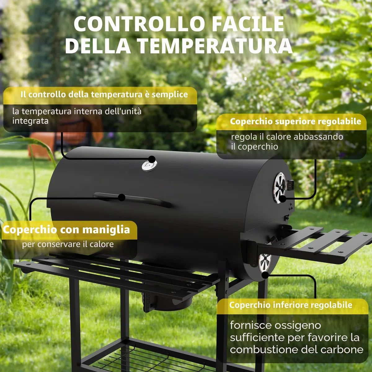 DEWINNER Barbecue a Carbone di Legno XXL con Griglia di Cottura XXL con Due Ripiani, Pinza per Carne alla Griglia, Sfiato Regolabile, Guanti Anti-Bruciore