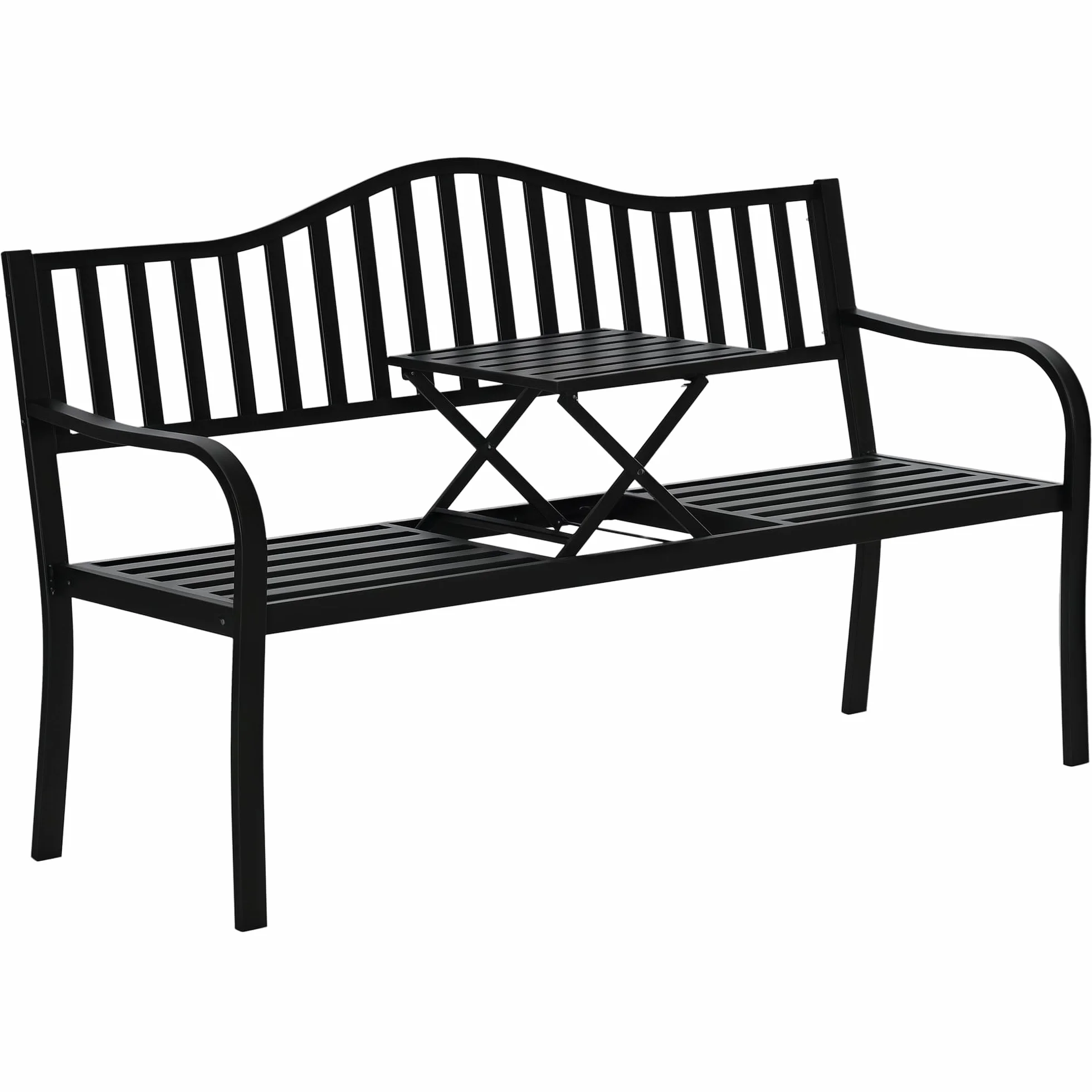 Outsunny Panchina da Giardino a 2-3 Posti in Metallo, Panchina da Esterno con Tavolino Sollevabile, Schienale a Doghe e Braccioli, per Balcone Esterno e Patio, 150x58.5x90 cm, Nero
