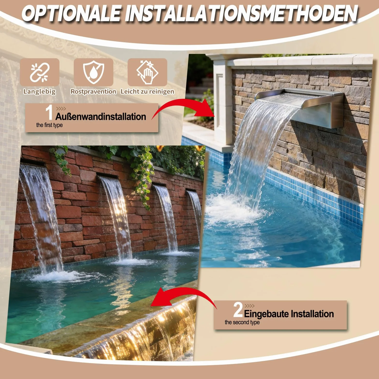 Kit con lama a cascata per laghetto, fontana da 30 cm in acciaio inox con coperchio e accessori, larghezza 20 cm, fontana a cascata per giardino, patio, stagno