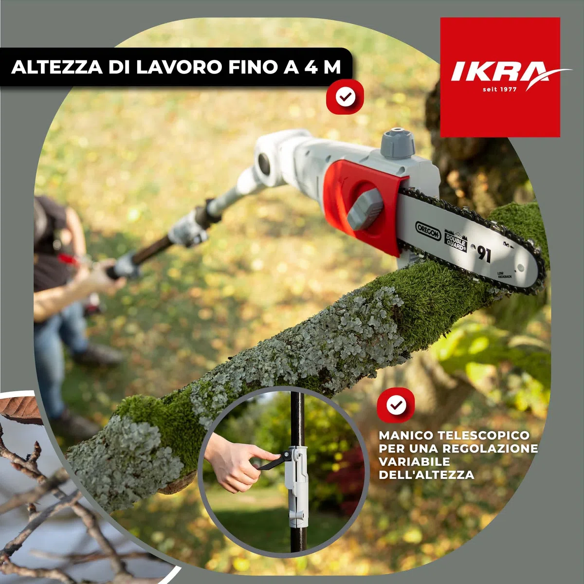 IKRA potatore telescopico ICPS 2020, lunghezza della lama 20 cm altezza di lavoro 4 m tracolla durata 40 minuti