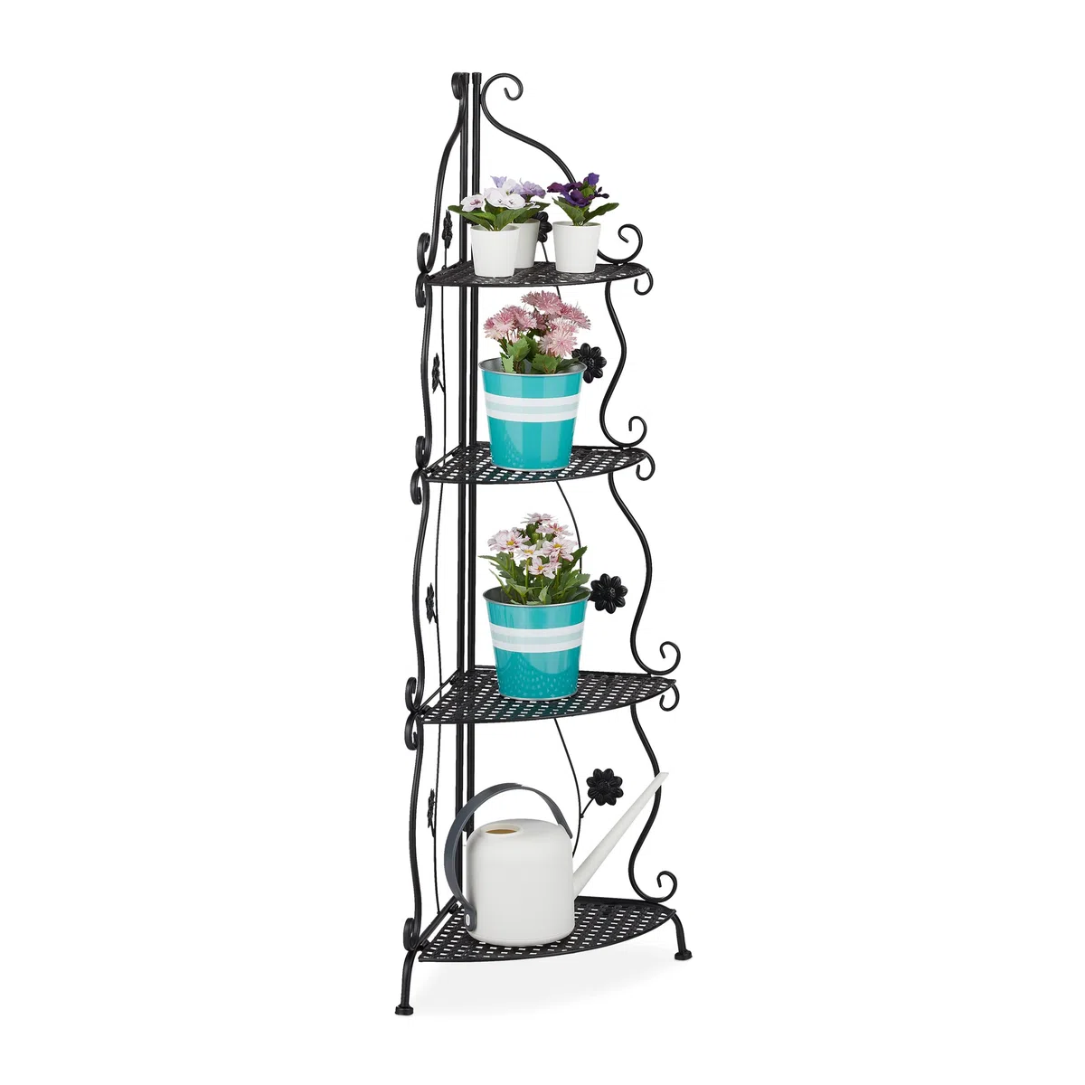 Relaxdays Scaffale Portafiori in Metallo, Fioriera Interno ad Angolo con 4 Mensole Porta Piante, 113,5x31x31 cm, Nero