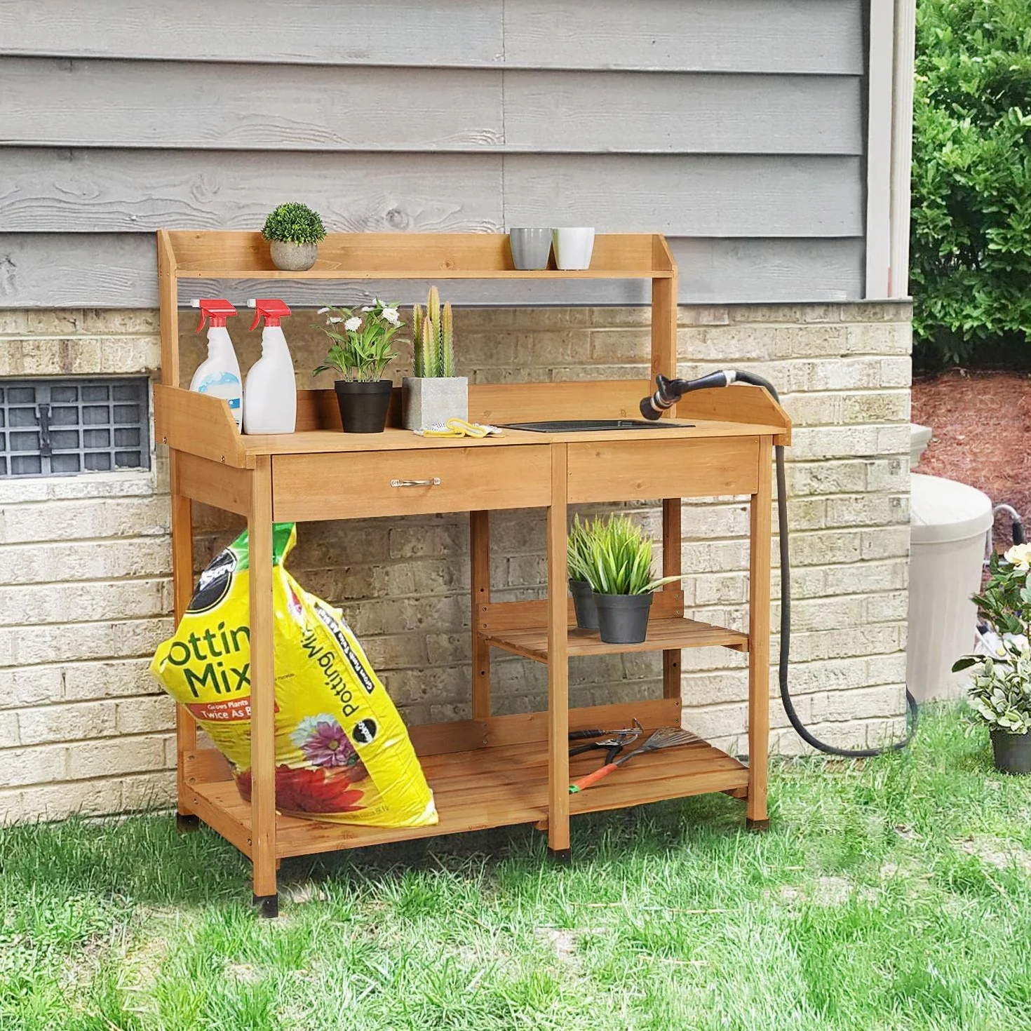 Yaheetech Tavolo Lavoro da Giardino per Piante in Legno con Lavandino Rimovibile Cassetto Spazioso Ganci Armadietto 114,8 x 45 x 121 cm Marrone