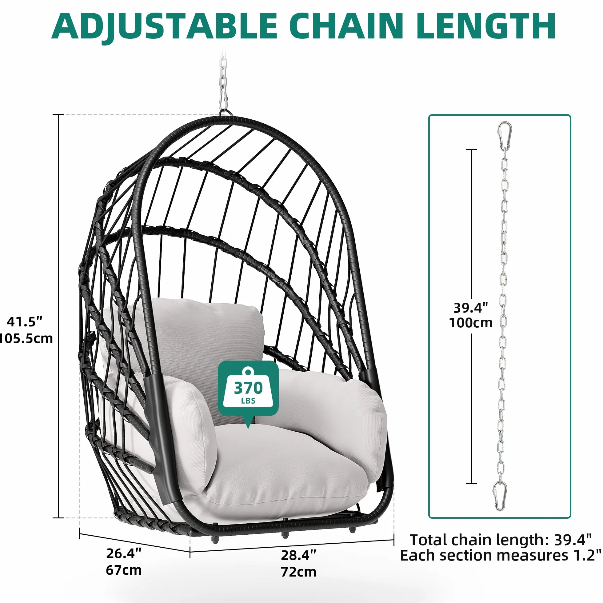 YITAHOME Poltrona sospesa senza telaio, in rattan con cuscino lavabile, portata 160 kg, pieghevole, per terrazza, giardino, camera da letto e balcone, grigio