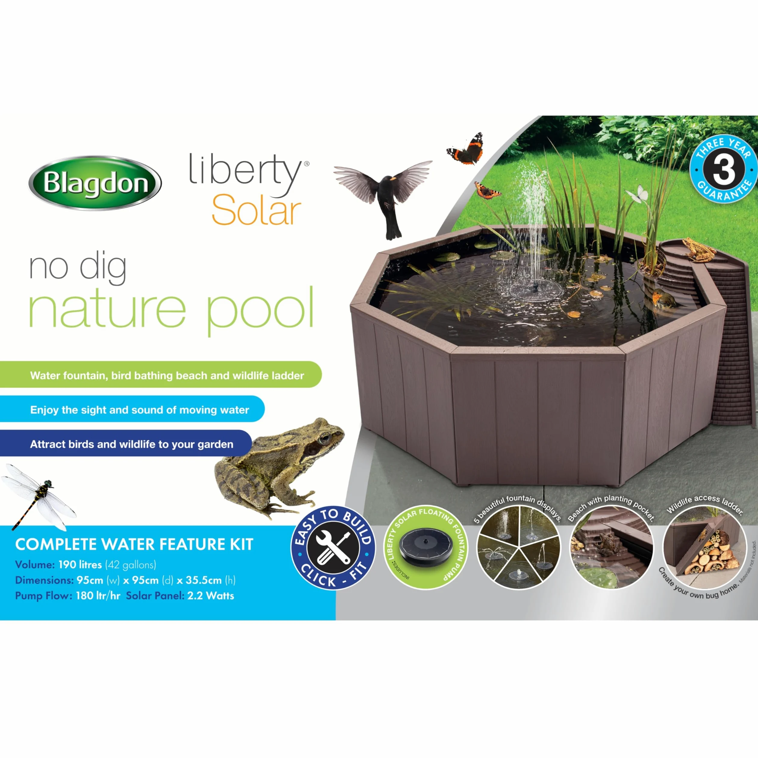Blagdon Liberty No Dig Nature Pool, stagno rialzato per giardino o patio, costruzione facile da montare, con pompa galleggiante a fontana solare, piattaforma di atterraggio per uccelli, scala di