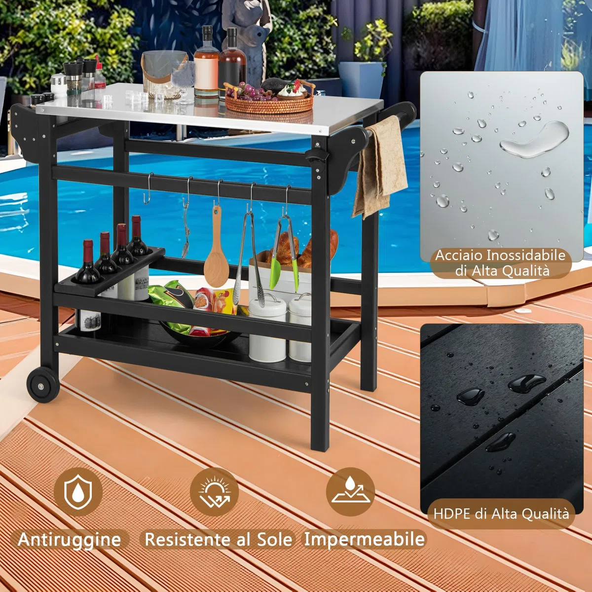 COSTWAY Carrello Barbecue da Esterno, Stand per Forno a Pizza con Piano in Acciaio Inox Vassoio e Portabottiglie, con Maniglia e Ruote per Cucina Giardino, Carico 150kg, 105x54x85 cm