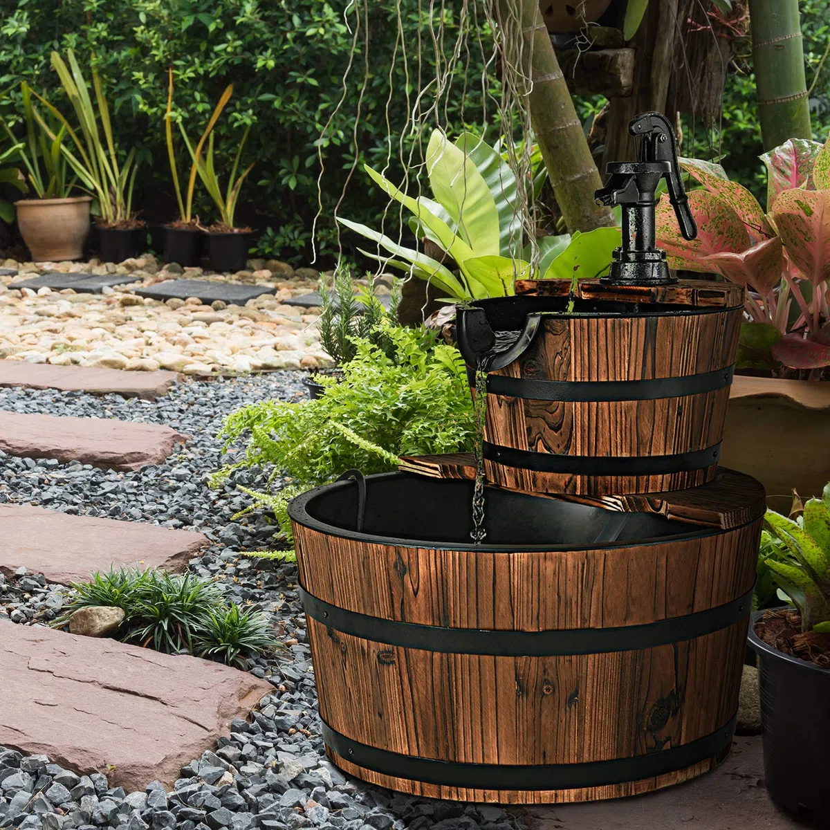 RELAX4LIFE Fontana da Giardino 2 Piani per Esterno, Fontana a Cascata in Legno di Abete con Pompa d'Acqua, Ideale per Giardino, Cortile e Terrazzo