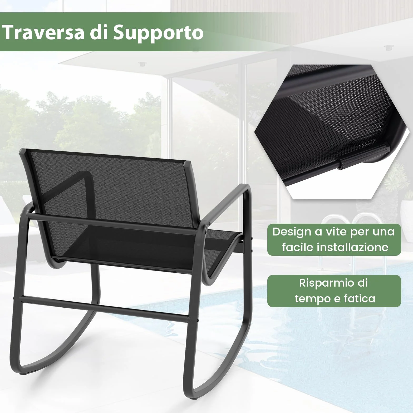 GYMAX Set di Mobili da Giardino 3PCS, 2 Sedie a Dondolo con Tavolino in Vetro, Piccolo Set da Patio con Movimento a Dondolo Fluido, Strisce Antiscivolo, per Portico Esterno, Cortile e Balcone