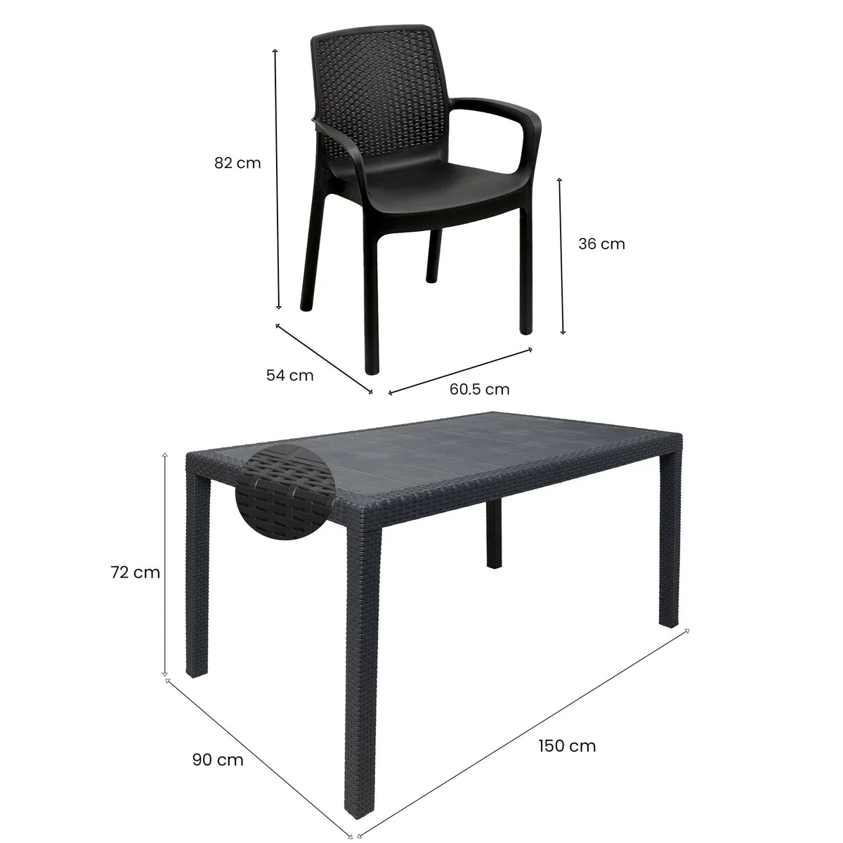 Dmora - Set Salotto da Esterno Tarquinia, Salottino Outdoor e Indoor, Tavolo Rettangolare Fisso con 4 sedie impilabili, Made in Italy, Antracite
