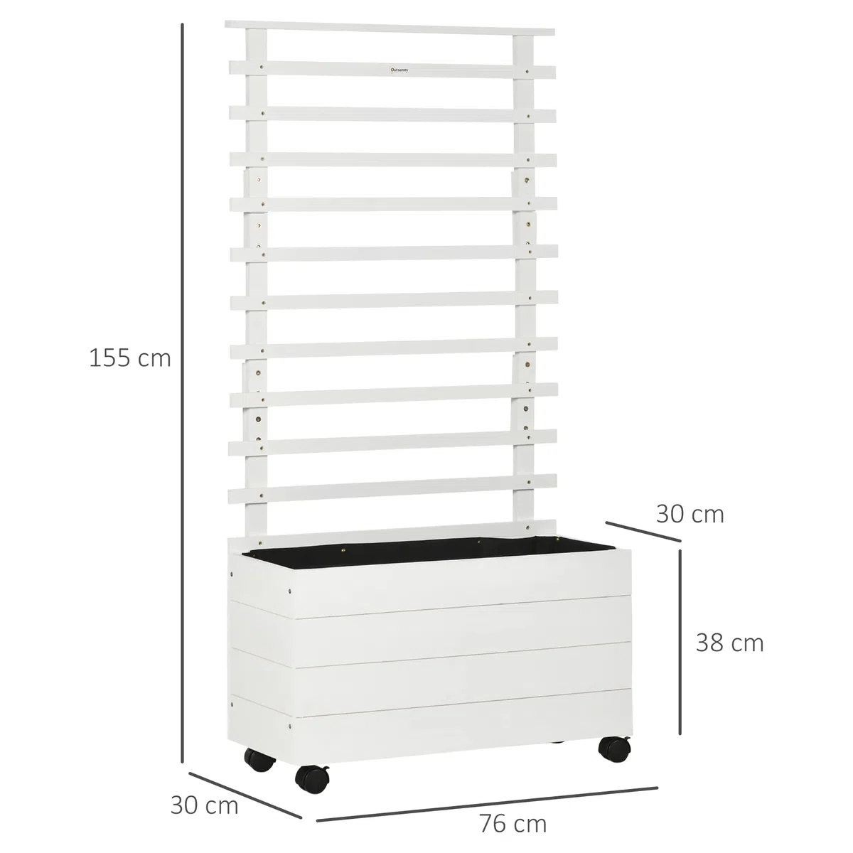 Outsunny Fioriera Rialzata Verticale con 4 Ruote e Traliccio per Piante Rampicanti in Legno di Abete, 76x30x155cm, Bianco