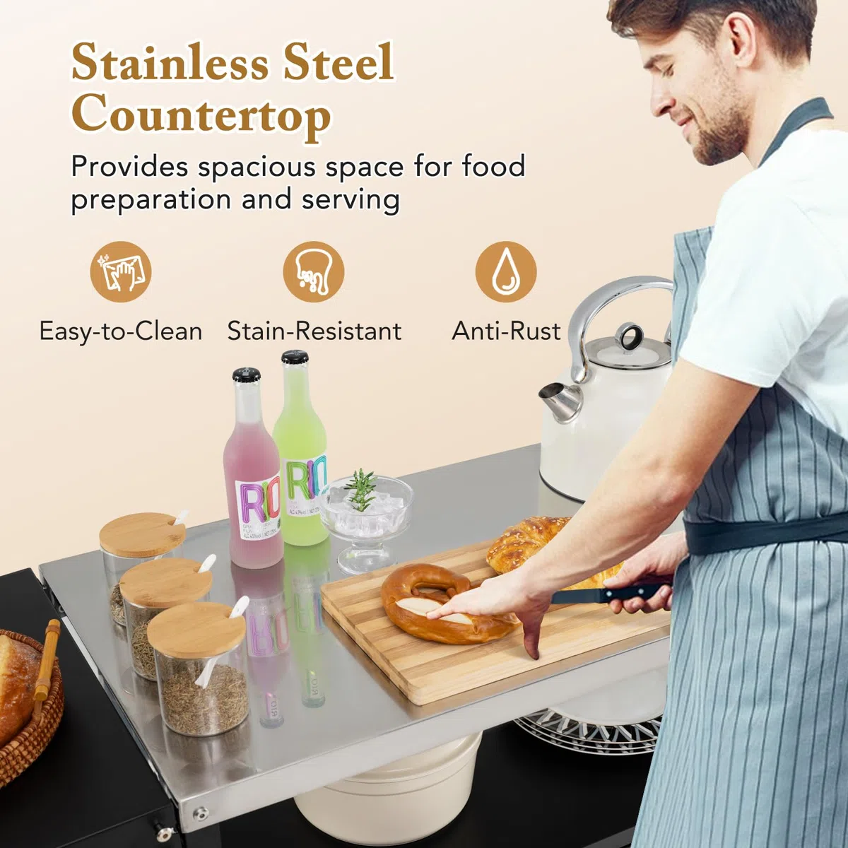 GIANTEX Carrello da Cucina Esterno con Piano in Acciaio Inox, Tavolo Laterale Pieghevole, Ruote e Supporto per Sacco della Spazzatura