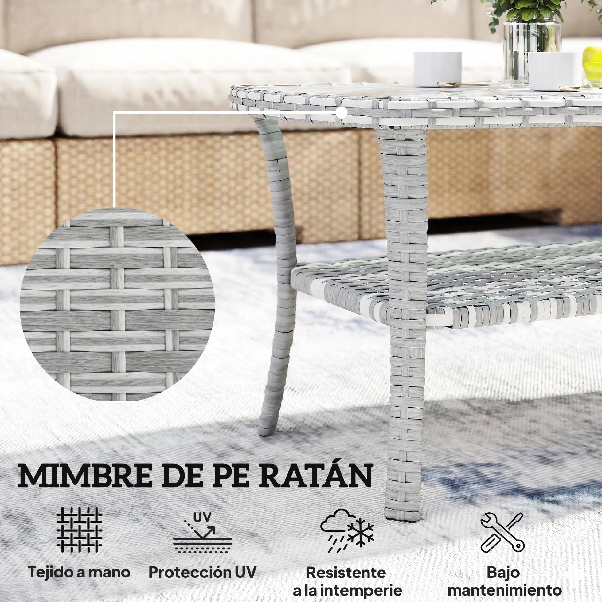 Outsunny Tavolo da giardino esterno in rattan con mensola, tavolino rettangolare da giardino, piano in vetro temperato con onde, struttura in acciaio, per terrazza, patio, 90 x 50 x 45 cm, grigio