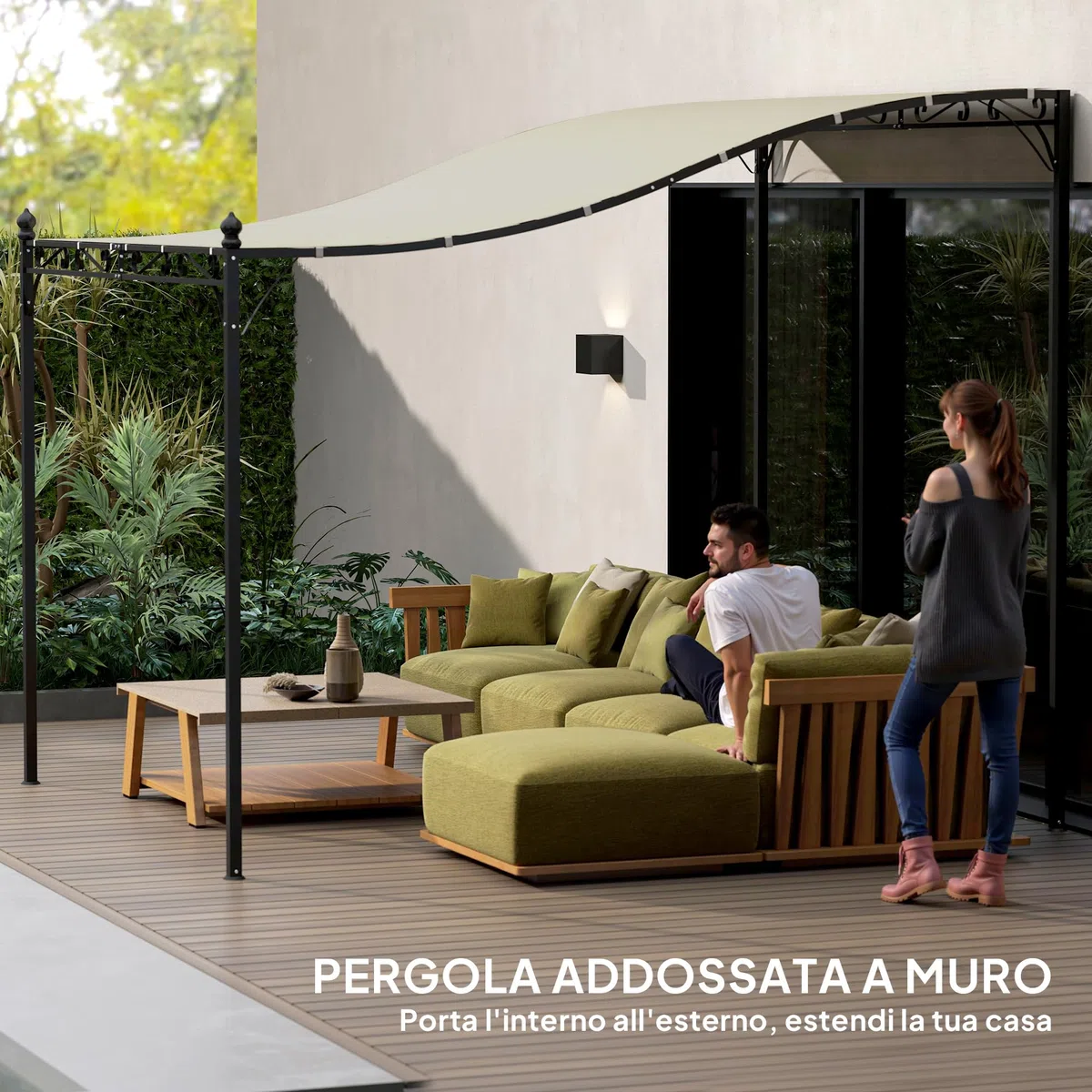 Outsunny Pergola Addossata 2.5x3m con Design Curvo e 16 Fori di Drenaggio, Gazebo Pergolato da Giardino in Metallo e Poliestere con Viti, per Esterno, Terrazza e Patio, Protezione UV, Crema