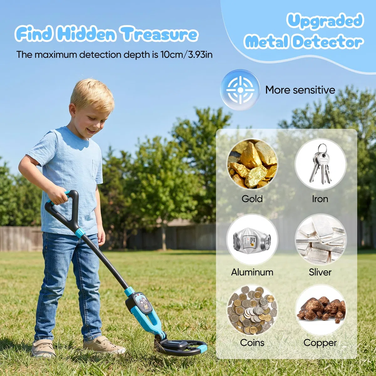 Metal Detector Bambini, Metal Detector per Bambino con Asta Regolabile 72–83 cm, Display LCD, Bobina di Ricerca Impermeabile, Ad Alta Sensibilità Metal Detector per Bambini con Borsa Pala